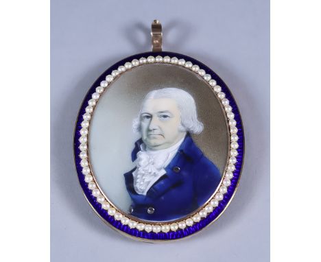 Late 18th Century British School - Miniature painting - Portrait of a gentleman wearing blue coat, with white collar and crav