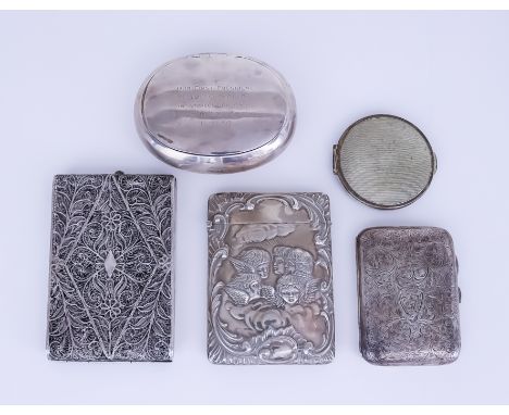 An Edward VII Silver Rectangular Card Case and Four Other Pieces of Silverware, the card case by Henry Matthews, Chester 1903