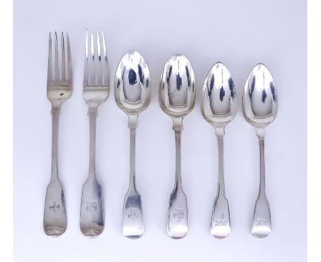 A Selection of Georgian and Victorian Silver Fiddle Pattern Forks and Spoons, by various makers and dates, comprising - five 