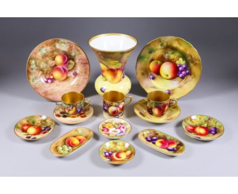 A Small Collection of Royal Worcester Bone China Painted with Fruit, including - coffee can painted by George Moseley, a sauc