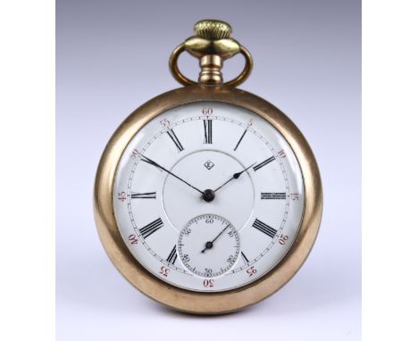 Two Early 20th Century Gilt Metal Cased Open Faced Keyless Pocket Watches, both 54mm case diameter, with white enamelled dial