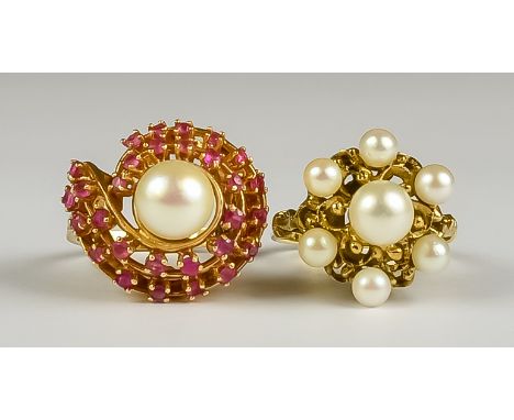 Two Pearl and Gem Set Dress Rings, Modern, one set with a centre cultured pearl 8mm diameter, surrounded by a swirl design of