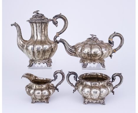 An Early Victorian Silver Four-Piece Tea and Coffee Service, by Joseph &amp; Albert Savory, London 1837, the bulbous reeded b
