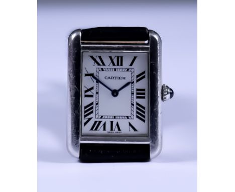 A Lady's Cartier "Tank" Quartz Wristwatch, stainless steel case, 25mm x 31mm, Serial No. 2716280679PL, silver dial with black
