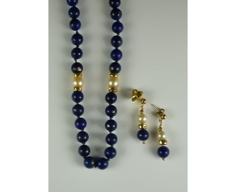 A String of 9ct Gold Pearl and Lapis Lazuli Beads, 840mm overall, with a matching earring for pierced ears, 30mm drop, each w