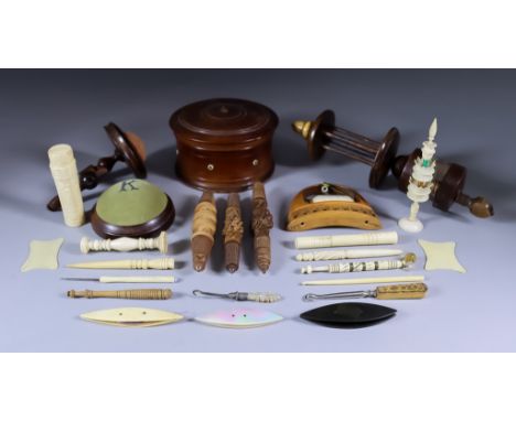 A Small Collection of Primarily Sewing Interest, including - stained wood cotton holder and cover, 5ins diameter x 2.75ins hi