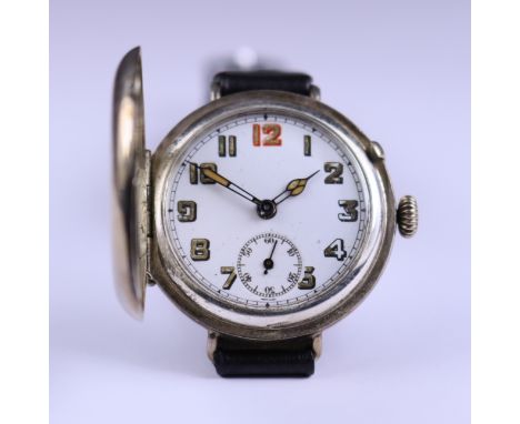 A Gentlemen's Silver Full Hunting Cased Wristwatch, no makers mark, 35mm diameter case, with white enamelled dial, luminous A