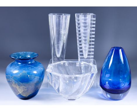 An Orrefors Glass Octagonal Bowl, 7.5ins diameter x 4.75ins high, two Orrefors vases, 8.25ins and 8.375ins high, all with eng