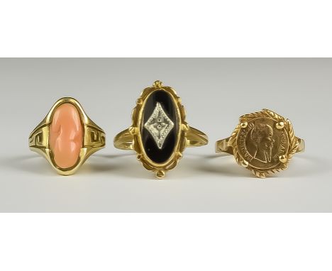 Three 9ct Gold Rings, two gem set, one set with a small coin, sizes O, M, I, total gross weight 8g