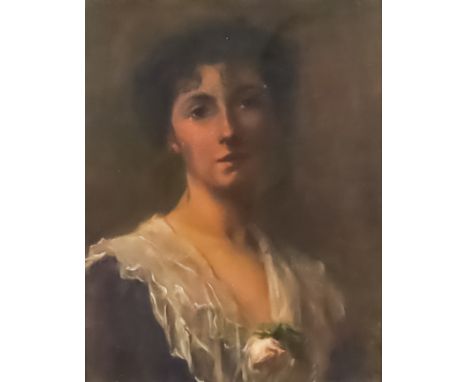 19th Century English School - Oil painting - Shoulder length portrait of a young girl wearing a dress with lace collar and ro