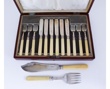 I* A Pair of Edward VII Silver and Ivory Handled Fish Servers, and a Set of Six George V Silver and Ivory Handled Fish Knives