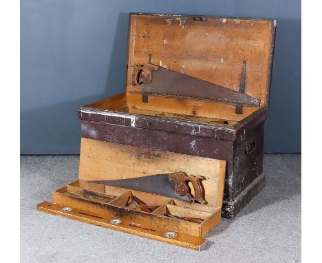 A Carpenter's Stained Pine Chest, Late 19th/Early 20th Century, containing a comprehensive range of carpenter's tools, 35.5in