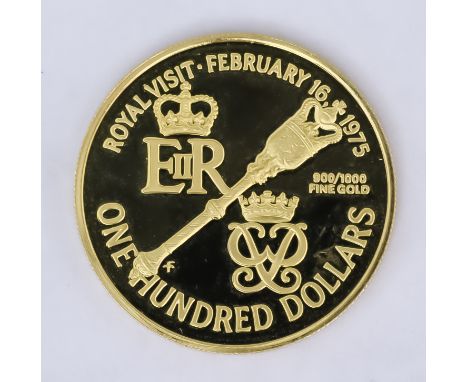 A 22ct Gold Bermudan 100 Dollar Gold Coin, commemorating a visit by Her Majesty Queen Elizabeth II and Prince Phillip in 1979