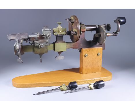 An English Brass and Steel Geared Watchmaker's Lathe, Late 19th Century, unsigned, with hand crank driven gear to main steel 