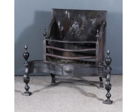 A 19th Century Steel Fire Grate, the pierced serpentine front with turned finials, on scroll supports with square bases, 31in