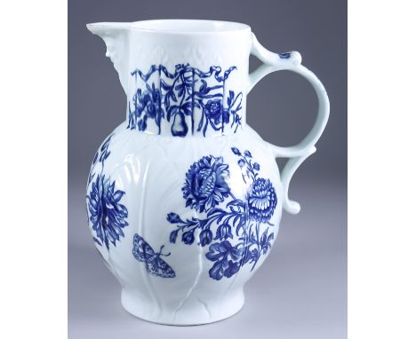 A Worcester Blue and White Porcelain Moulded Jug, Circa 1760-70, printed with "Natural Sprays Group" pattern, printed crescen