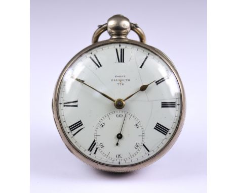 Four Silver Cased Fusee Lever Pocket Watches, comprising - one by Gouffe of Falmouth,1823, 50mm diameter case, the white enam