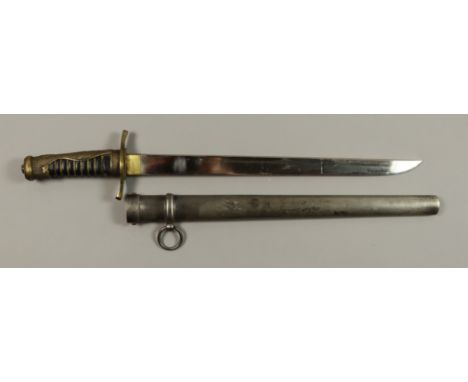 A Japanese Naval Dirk, silver and metal scabbard, rising sun pattern on hilt and backstrap, stylized chrysanthemum, believed 