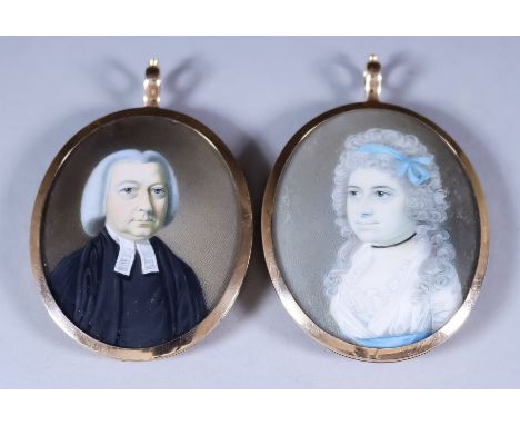 Late 18th Century British School - Pair of miniature paintings - Portraits of a cleric and a lady, he wearing a powdered wig 