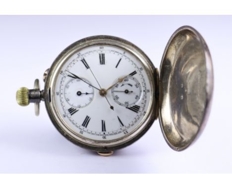 A Silver Full Hunting Cased Lever Chronograph Pocket Watch, Continental, early 20th Century, 52mm diameter case, with white e