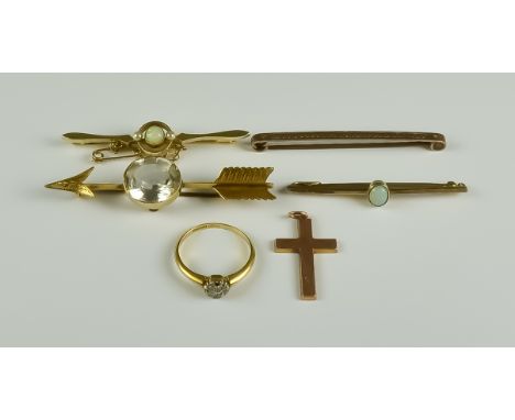 A Mixed Lot of Gold, comprising - a 15ct gold and opal bar brooch, an 18ct gold bar brooch in the form of an arrow set with c