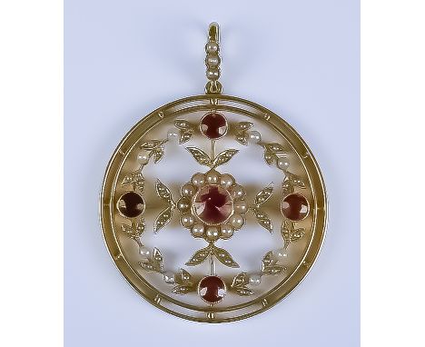 A Seed Pearl and Amethyst Pendant, Early 20th Century, 9ct gold, set with five faceted amethyst stone, interspersed and surro
