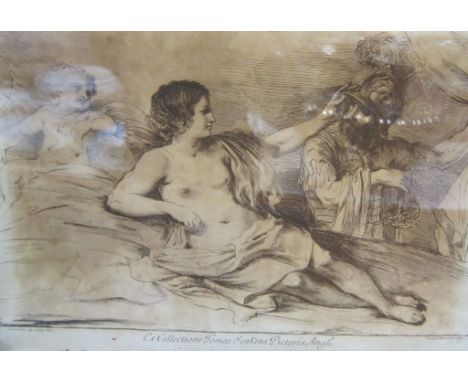  After Augustus John Nude lithograph 30cm x 44cm;  An oval botanical watercolour, a print by Sydney E Wilson (3) 