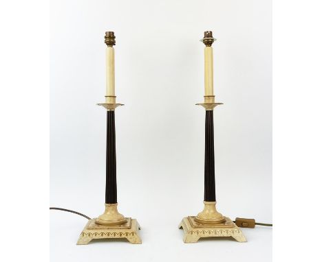 TABLE LAMPS, a pair, candlestick form, toleware style with reeded stems, 60cm H. (2)