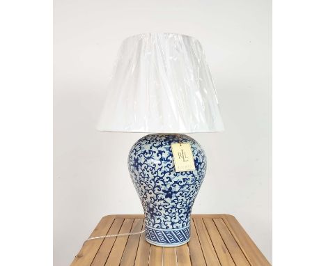 LAUREN RALPH LAUREN HOME TABLE LAMP, blue and white glazed ceramic, with shade, 68cm H approx.