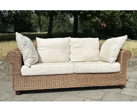 CONSERVATORY TERRACE SOFA, woven cane with rounded arms and cushions, 200cm W.