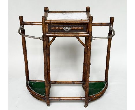 CONSOLE STICK STAND, 19th century bamboo framed and silvered metal with drawer and marble centre, 92cm W x 97cm H x 33cm D.
