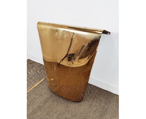 CONSOLE TABLE, shaped polished brass, 96cm H x 90cm W x 36cm D.