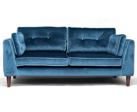 SOFOLOGY CRICKET SOFA, blue velvet, contrast piping with buttoned cushion back, 85cm H, 190cm W, 97cm D, seat H 45cm, seat W 