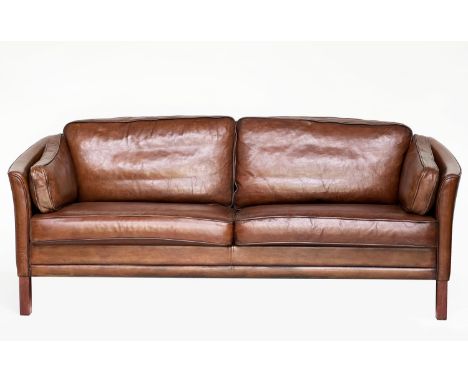 DANISH SOFA, 1970s Danish style, hand finshed mid brown soft tan leather with teak supports, 195cm W.