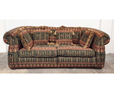 SOFA, Chesterfield style, in an Egyptian style patterned fabric, 212cm x 79cm H x 100cm.