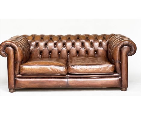 CHESTERFIELD SOFA, traditional hand finished deep buttoned antique, tan leather upholstered with rounded back and arms, 200cm