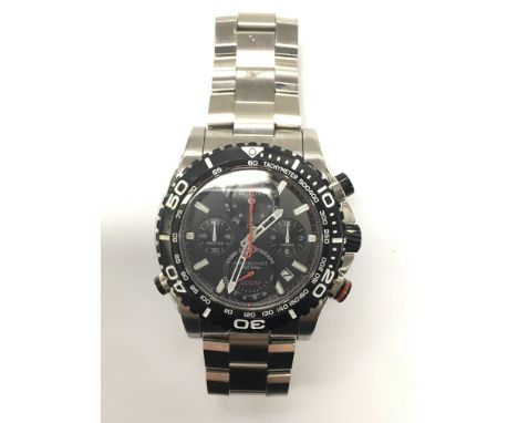 A gents boxed Bulova precisionist 1/1000 chronograph wristwatch. The black dial with four subsidiary dials and date aperture,