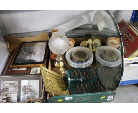 A box containing a bevel edged mirror; a book stand; a table lamp etc
