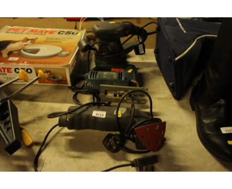 An orbital sander; together with a Black &amp; Decker jigsaw; and one other orbital sander 