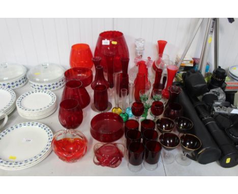 A quantity of mostly cranberry glassware; decanter and stopper etc. 