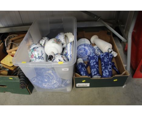 Two boxes of mostly blue and white china to include Copeland Spode;  a Wedgwood Peter Rabbit table lamp etc. 