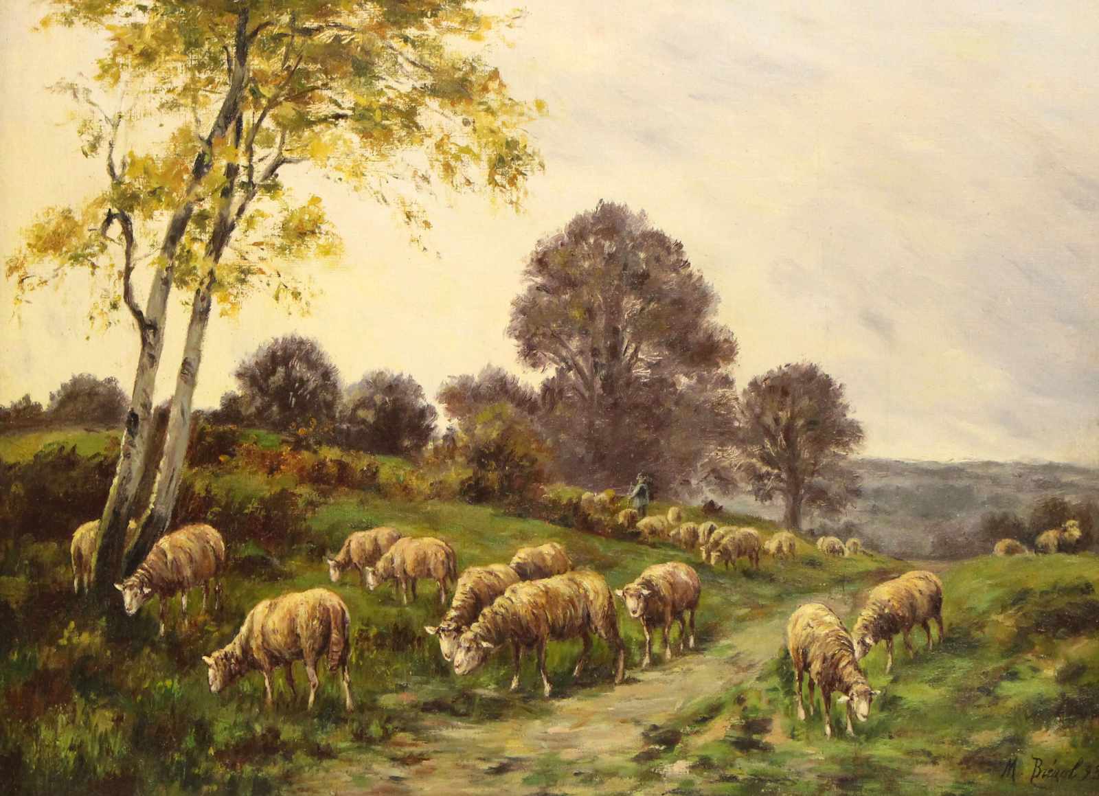 Landschaft Mit Schafherde U. Schäfer Am Feldweg. Öl Auf Karton, 1893 