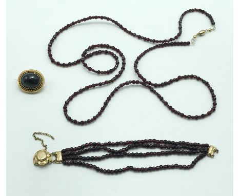 ANTIQUE RUBY BRACELET WITH MATCHING BROOCH AND NECKLACE SET WITH GOLDCONDITION: BRACELET NEEDS TO BE REATTACHED