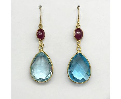 14 CARAT BLUE TOPAZ / RUBY EARINGS