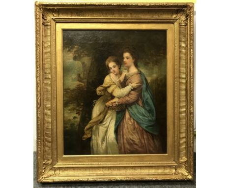 Follower of Thomas Gainsborough 1727-1788 British. Oil on canvas. “Two Fine Ladies with Basket in a Landscape”. Measures 39cm