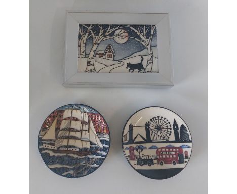 A Moorcroft ceramic framed plaque, Titled Mr Coal the Christmas Cat, inside frame measurements 9 cm x 14 cm along with 2 Moor