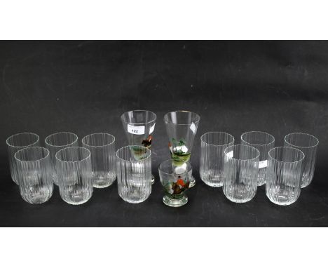 An assortment of drinking glasses. Comprising eleven ribbed glass tumblers, marked to underside 'MMA' and three hunting scene