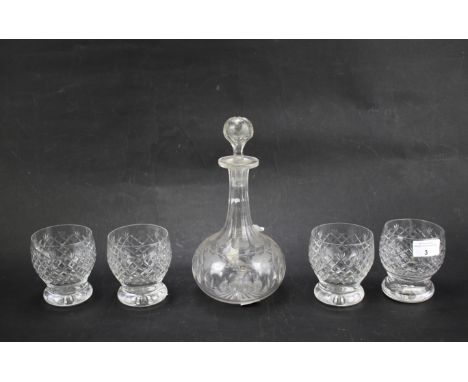 Four cut glass baluster tumblers and a Victorian shaft and globe engraved decanter and stopper. The decanter engraved with fr