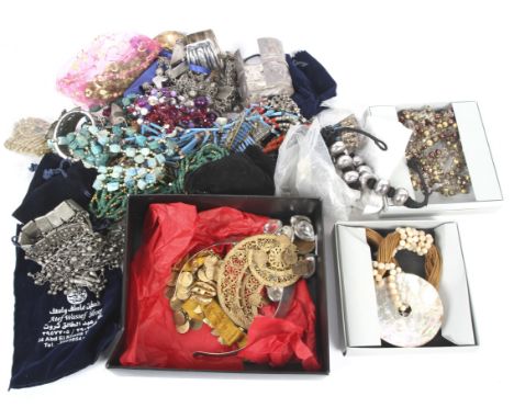 Assorted costume jewellery and foreign coinage. Including: beaded necklaces, various Asian white metal cuffs and necklaces, f