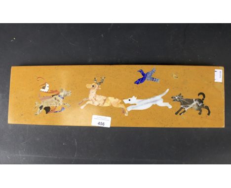 A Pietra Dura plaque depicting a hunting scene. Dogs chasing a stag, L45cm x D13cm